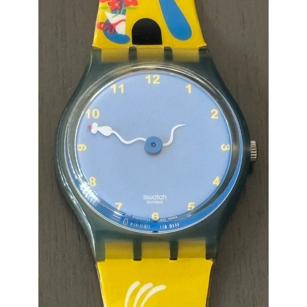 Rare Swatch Watch 2003 Original Gent Blue Cat Mouse YellowStrap GN209 Swiss Made